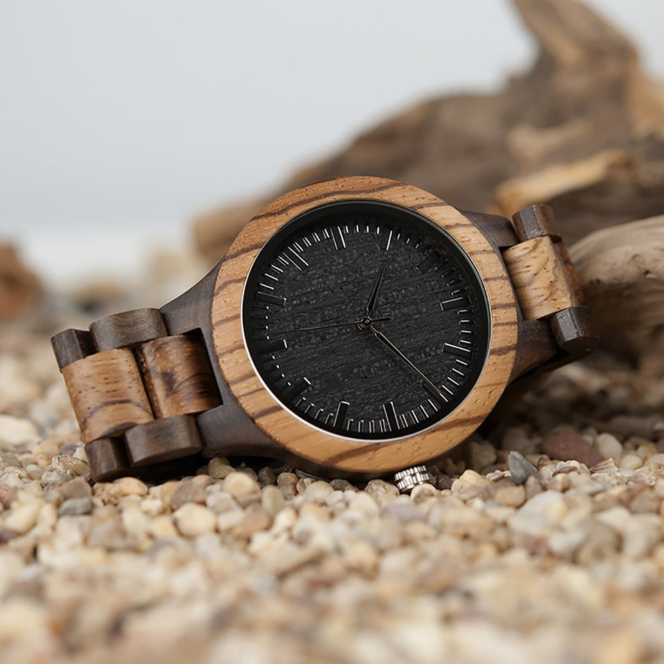 ENGRAVED WOODEN WATCH/ZEBRAWOOD + EBONY - GREAT GIFT FOR YOUR MAN - Awesomesons